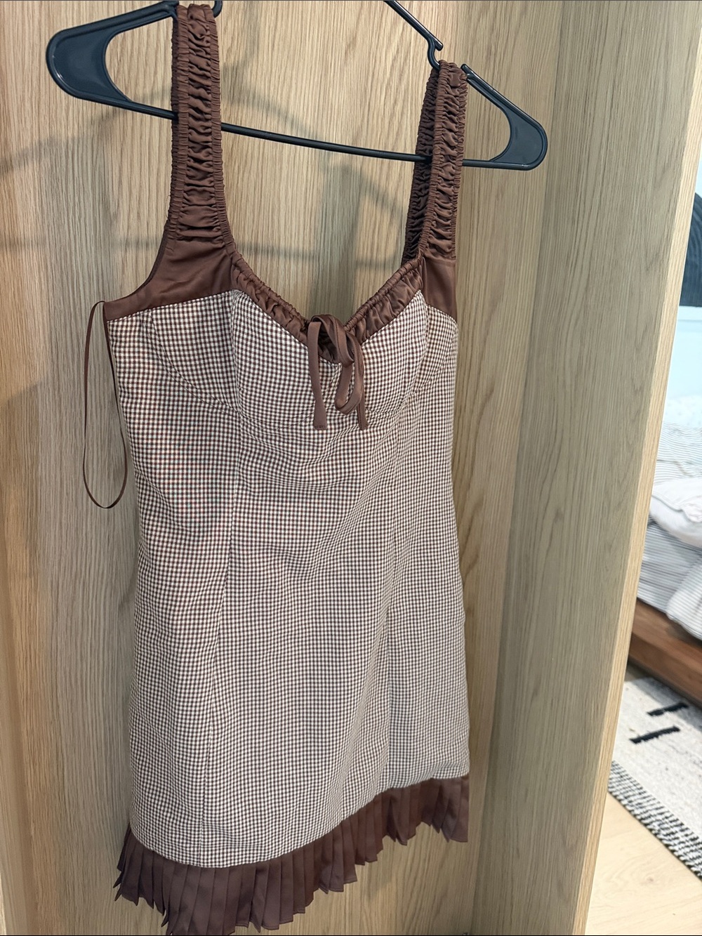 Astr Brown Checked Slip Dress with Ruched Straps & Pleated Hem - Picture 2 of 6